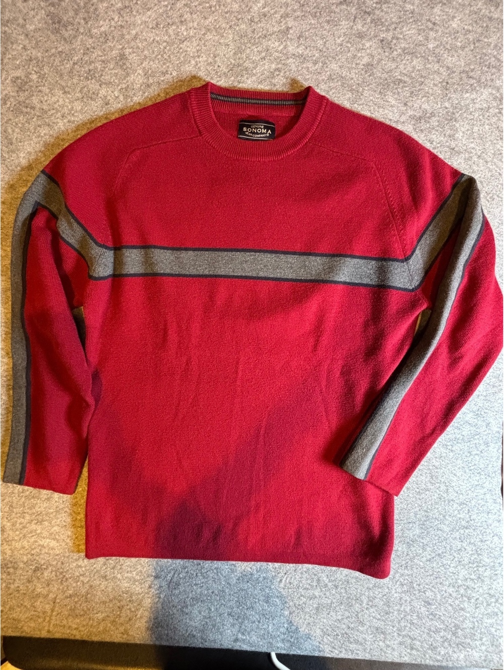 Y2K striped Sonoma Jean Co. Men's Red and Gray Stripe Crew Neck Sweater Large